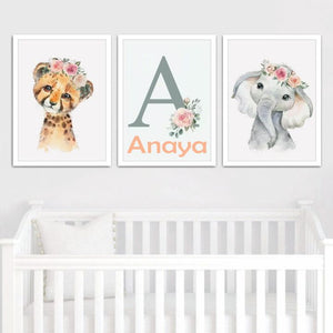 'Watercolor Baby Animals' Personalised Wall Art (Framed)