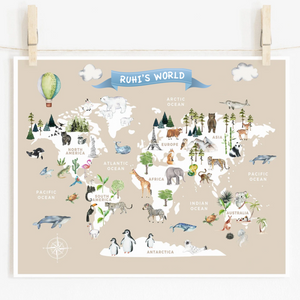 Animal World Map Poster Beige (Unframed)