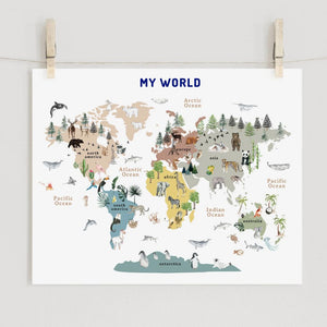 Continents & Animals World Map Poster (Unframed)