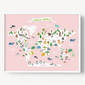Educational Animal World Map Pink (Framed)